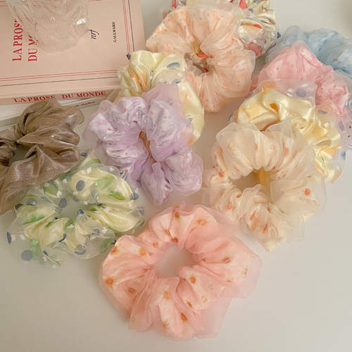 Summer fresh and sweet Korean style large intestine hair ring mesh bag intestine floral polka dot rope college style rubber band hair accessory for women