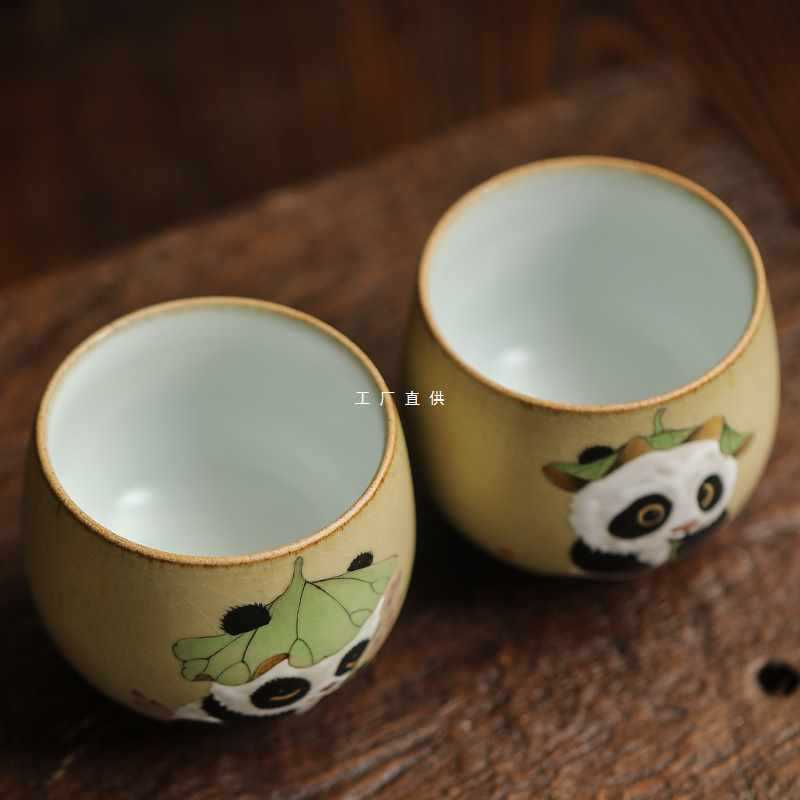 W9R勾画陶瓷汝窑开片手绘茶杯可爱熊猫茶具手工品茗杯主人杯茶器
