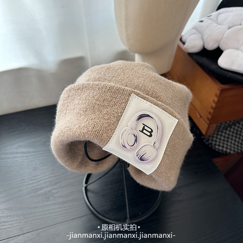 多色新款耳机贴布针织帽秋冬保暖日常百搭大头围宽松堆堆帽冷帽女|undefined