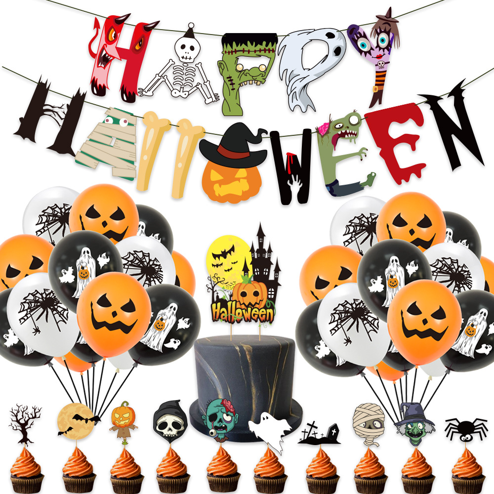 Ensemble de ballons en latex, citrouille, araignée, sorcière, film d'aluminium, boule de fleurs en papier, décoration de fête d'Halloween_voghion.com