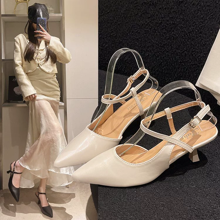 2025 новые летние босоножки Baotou для женщин, универсальные туфли на среднем каблуке с острым носком и шпилькой