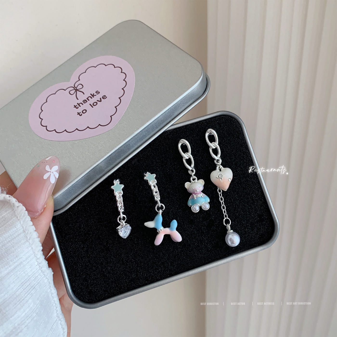 new cartoon blue pink blooming balloon dog earrings female cute bear color sweet student dopamine earrings