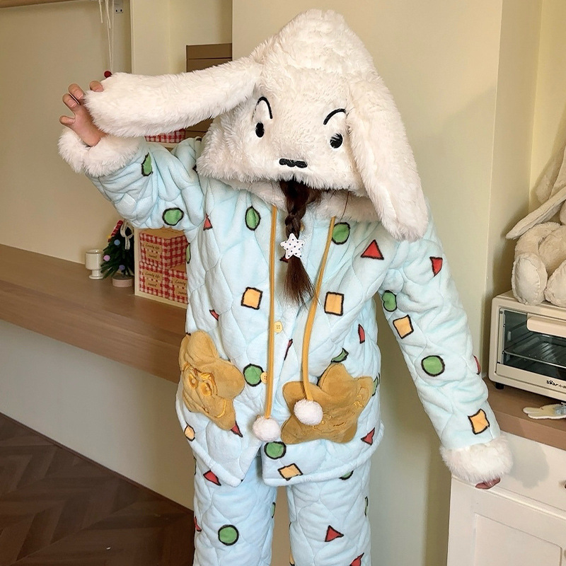 Autumn and Winter Three-Layer Ultra-Thick Quilted Xiaoxin and Xiaobai Warm Home Clothes, Cute Cartoon Style, Suitable for Going Out, Couple's Pajamas