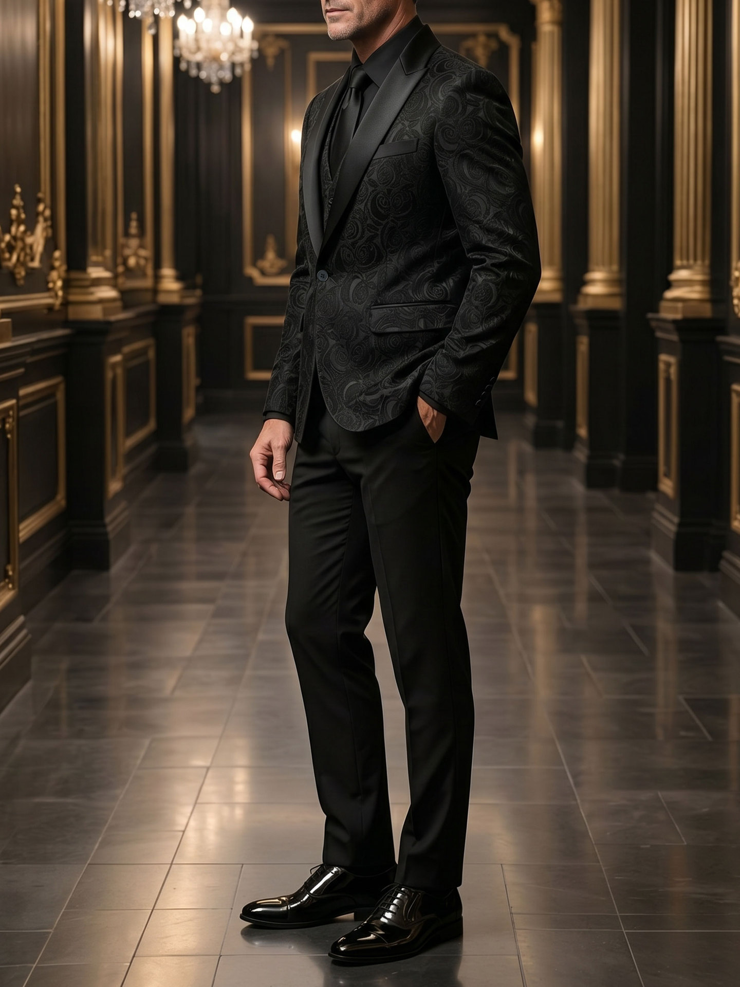 Abito da uomo tre pezzi per cerimonia con giacca e gilet jacquard_voghion.com