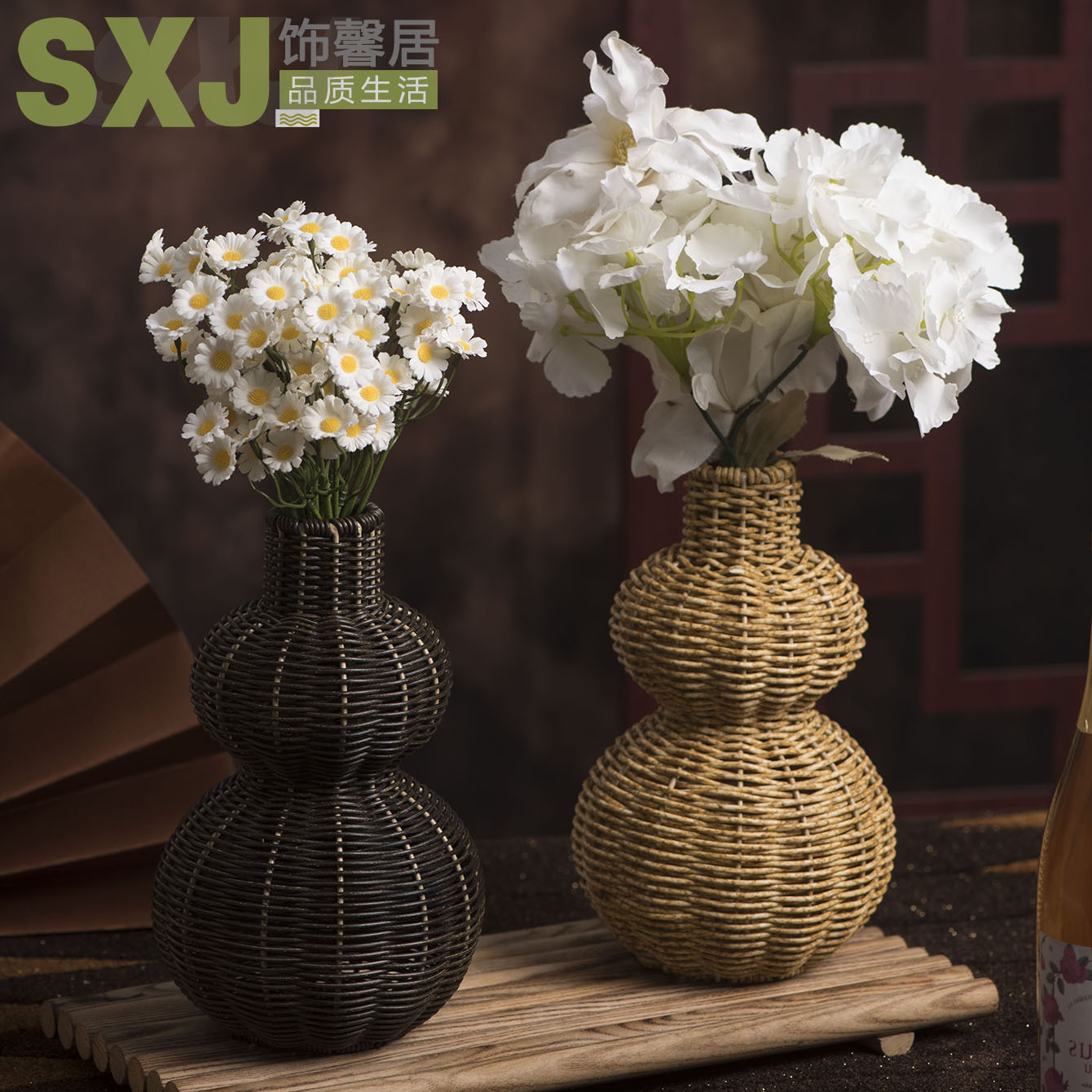 Florero de plástico Adornos Imitación de ratán Tejido Vintage Envase de arreglo floral Conjunto de florero Florero decorativo de simulación