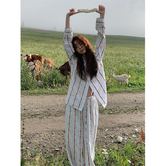 Korean Style Women's Floral Striped Long-sleeved Pajamas Women's Spring and Autumn High-end plus size Trousers Home Clothes Pure Cotton suit
