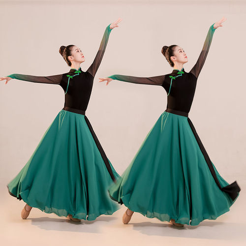 Chinese folk dance dresses for women girls dark green classical Mongolian dance costumes minority arts exam performance long skirt suit for female