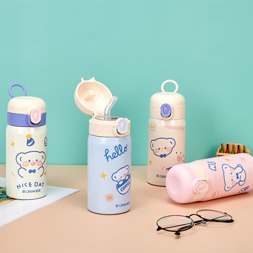 Cartoon Bear 304 Stainless Steel Insulated Tumbler with Bouncing Lid and Straw Water Cup for Students and Couples Drinking Cups