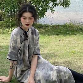 衍生水墨 活性印花新中式改良旗袍裙女高个子宽松圆领连衣裙新款