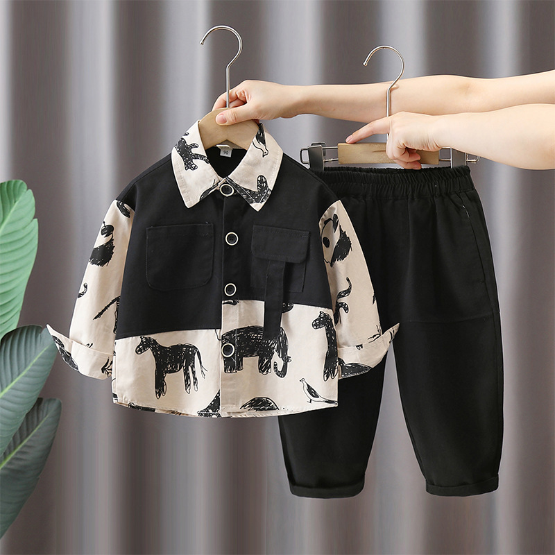 6118 Traje de otoño para niños 2025 Camisa de costura de primavera y otoño para niños de nuevo estilo Traje de dos piezas de otoño coreano para bebés