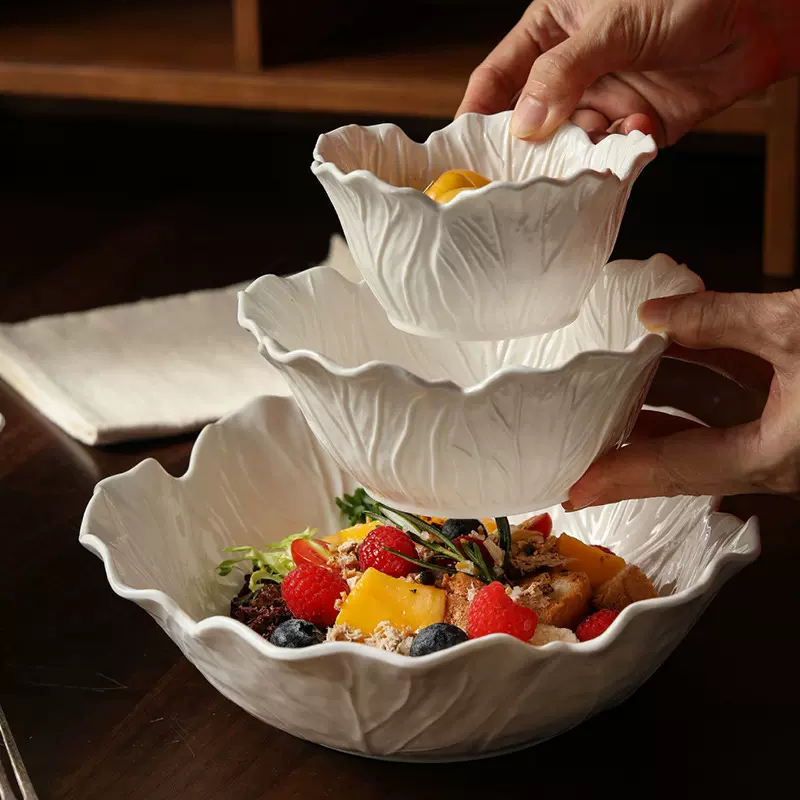 陶瓷花朵深碗纯白创意白菜浮雕餐具水果蔬菜沙拉碗酸奶燕麦碗汤碗