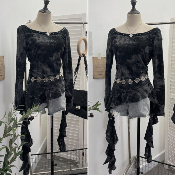 Real shot small group does not hit the waste soil wind hot girl wear tie-up hat hole long sleeve irregular ribbon top 9297