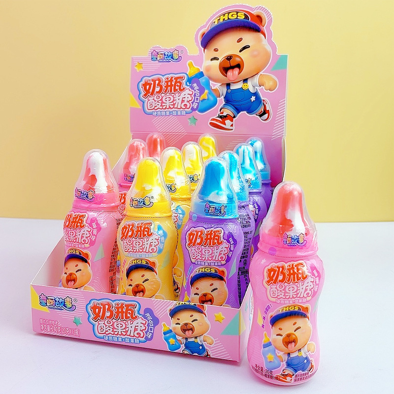 Milk bottle-shaped sour candy with cute nipples, strawberry and orange mixed flavors, sour powder lollipops, children's snacks, wholesale candy Milk bottle-shaped sour candy with cute nipples, strawberry and orange mixed flavors, sour powder lollipops, children's snacks, wholesale candy