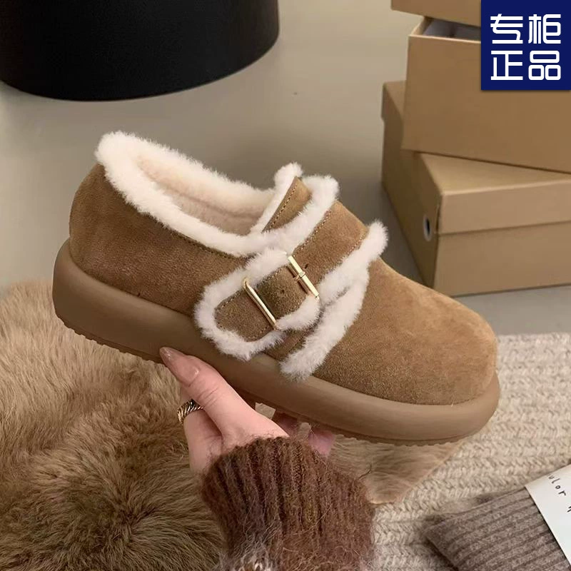 Осенняя и зимняя толстая подошва коричневая бархатная обувь Bucken 2024 снегоступы снегоступы хлопчатобумажная обувь женская обувь носить шерстяные туфли