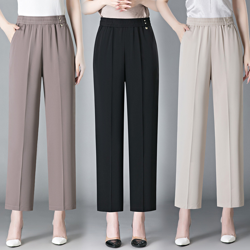 Mom's Summer Pants for Women, High-Waisted, Loose-Fitting, Ice Silk Straight-Leg Pants, Thin and Drapey, Slimming, Cropped Casual Pants for Middle-Aged and Elderly Women