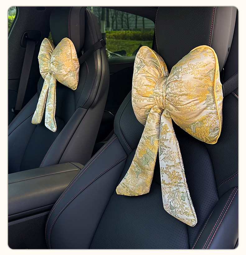 Car headrest and lumbar support, new Chinese-style creative car decoration pillow with bow and ribbon, comfortable waist-protecting cushion for car use