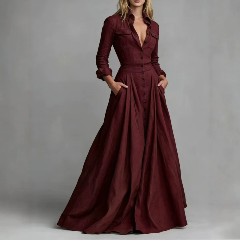 In-stock European and American style shirt-collar autumn and winter dress for women, long-sleeved, single-breasted, large hem, extra-long dress with pockets, cross-border foreign trade In-stock European and American style shirt-collar autumn and winter dress for women, long-sleeved, single-breasted, large hem, extra-long dress with pockets, cross-border foreign trade
