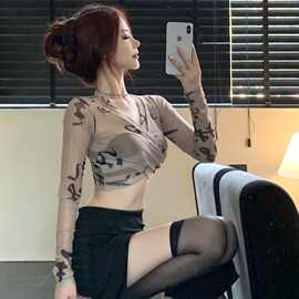时尚复古辣妹网纱V领长袖T恤女冬季新款修身显瘦短款内搭时尚上衣