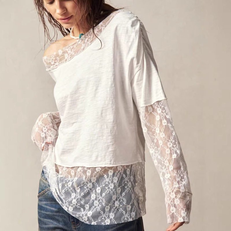 European and American Cross-Border Bohemian Style All-Season Versatile Casual Fashion Elegant Off-Shoulder Long-Sleeve Lace Cuff T-Shirt