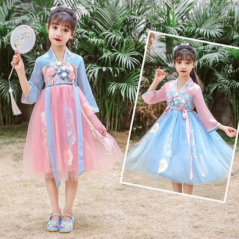 Girls' Hanfu Summer Dress Short-sleeved dress Summer Ancient Suit Super Fairy Girl's Stylish Princess Dress Children's Dress for Summer