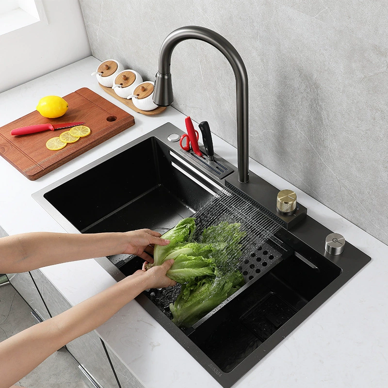 Handmade nano -black King Kong Flying Rain Waterfall Single Slice Single Slim Thick Washing Pot Pot Washing Tank Kitchen Set