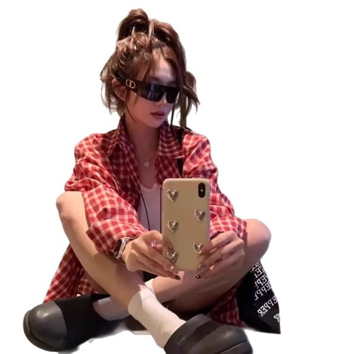 Japanese retro red checkered design women's early autumn relaxed casual sun protection shirt jacket