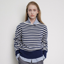 生产 MOONDAL条纹毛衣女2024秋冬新款设计师款落肩宽松一字肩针织