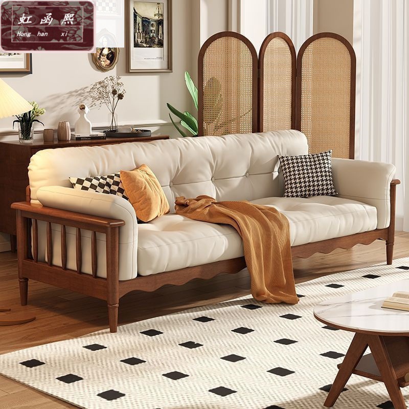 Retro Style Solid Wood Sofa Cloud Small Apartment Straight Sofa Medieval Fabric Sofa Three-Person Cream Sofa