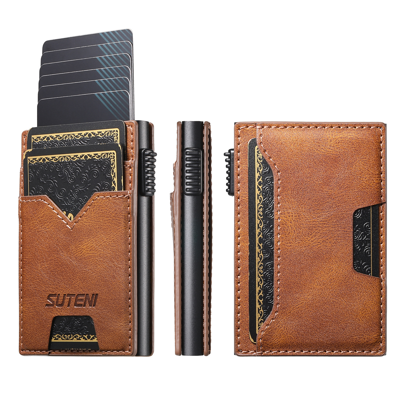 Suteni Oil Wax Pattern Glossy Leather Button Automatic Pop-Up Card Box Men's Credit Card Card Holder Push Card Slot