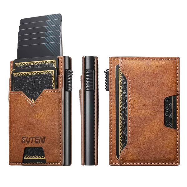 Suteni Oil Wax Pattern Glossy Leather Button Automatic Pop-Up Card Box Men's Credit Card Card Holder Push Card Slot