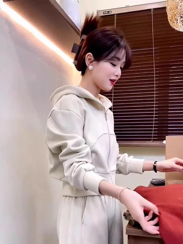 高级感时尚运动套装女2025早秋季宽松显瘦短款连帽卫衣休闲两件套|undefined