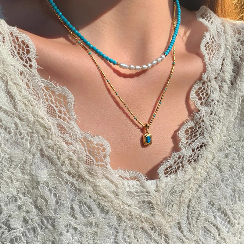 Natural Turquoise Pendant Mother-Of-Pearl Beaded Necklace Women's Accessories Stacked French Retro Accessible Luxury Sweater Chain