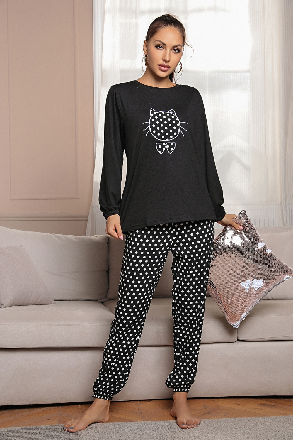 long-sleeved round neck loose polka dots print top trousers Loungewear-Can be worn outside NSWFC130562