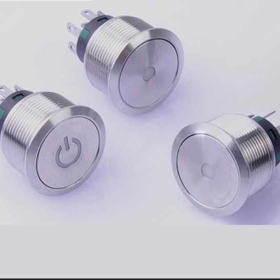 19MM双刀双掷金属按钮开关，环形电源带灯平头防水按键开关