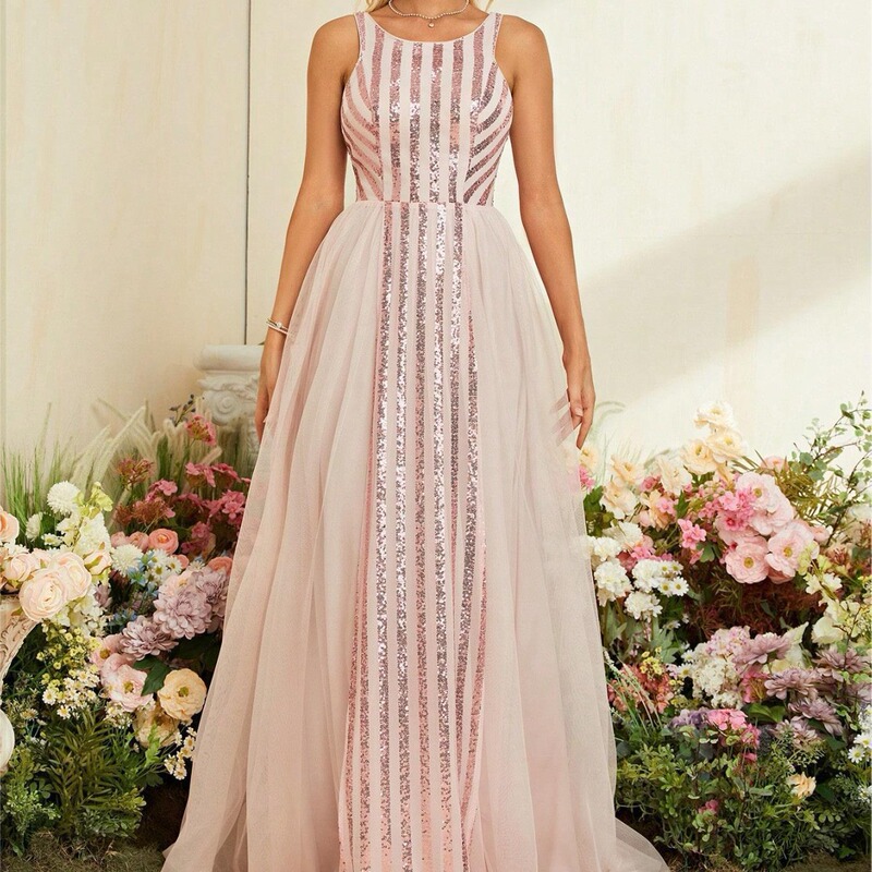 Evening dress striped sequined stitching mesh back strap A swing dance dress party dress bridesmaid dress one-piece delivery