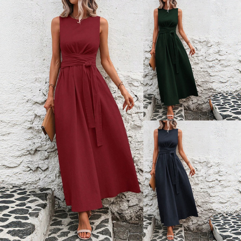 Elegant Ice Silk Crinkled Dress for Women, Solid Color, Round Neck, Waist Tie, Sleeveless, Loose Casual Dress, Stylish Long Dress with Straps Elegant Ice Silk Crinkled Dress for Women, Solid Color, Round Neck, Waist Tie, Sleeveless, Loose Casual Dress, Stylish Long Dress with Straps