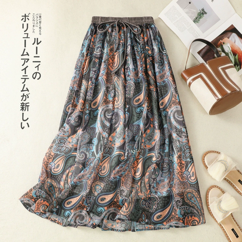 Настоящая стрельба грушевое тело Хепберн ветер весна и лето синяя юбка с принтом женский маленький человек 2025 новый стиль