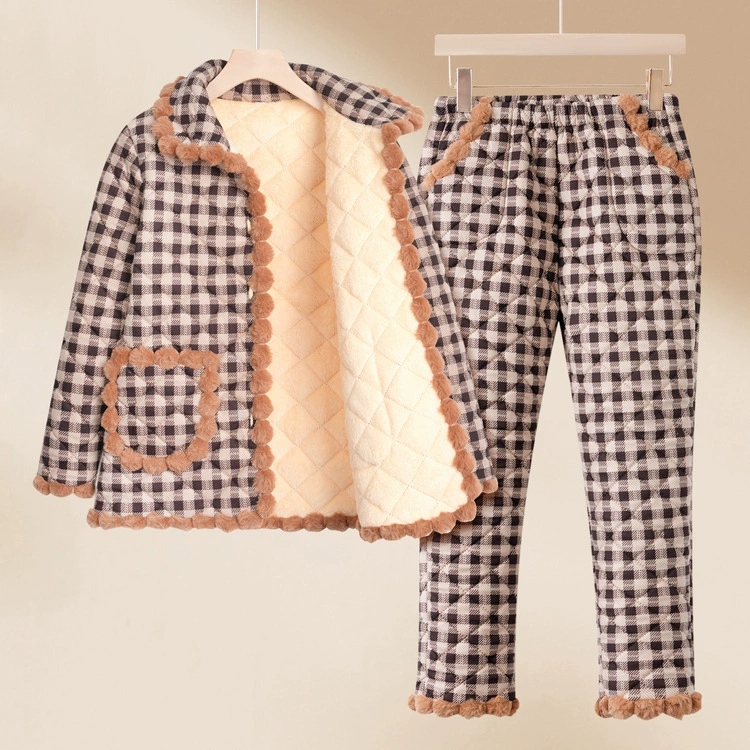 Зимнее пальто для бабушек, женское среднего и пожилого возраста, новая осенне-зимняя утолщенная Пижама на флисовой подкладке, клетчатый костюм для мамы и старой леди