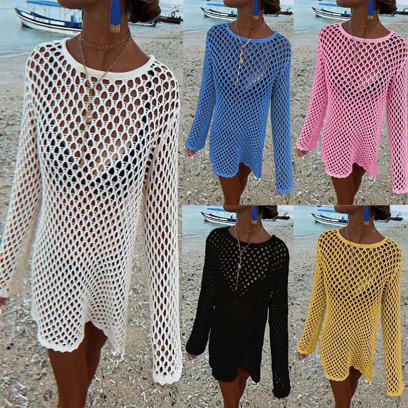 2025 European and American Knitted Hollow Sexy Sunscreen Shirt Bikini Outer Wearing Women's Swimsuit Blouse Holiday Beach Jacket Head 2025 European and American Knitted Hollow Sexy Sunscreen Shirt Bikini Outer Wearing Women's Swimsuit Blouse Holiday Beach Jacket Head