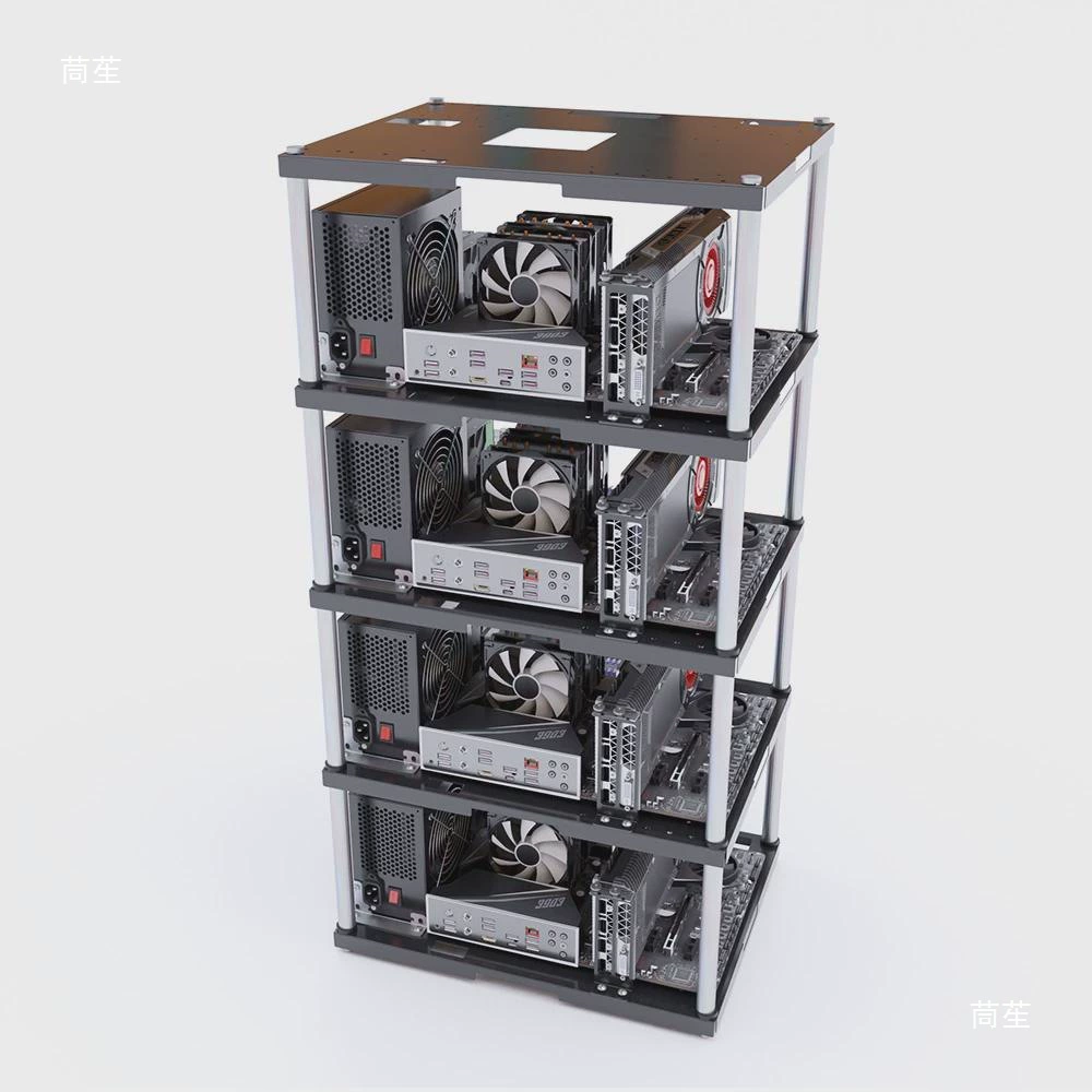 Многослойный компьютерный корпус с открытыми отсеками для студийного использования, поддерживает материнские платы ATX и MATX.