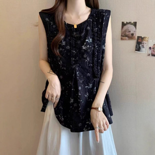High-End French Sleeveless Floral Shirt Plus Size Women's 2025 New Belly-Covering Slimming Shirt Top