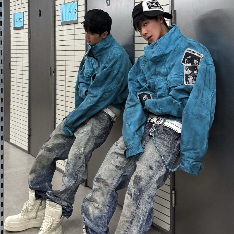 American retro couple's distressed ripped workwear jacket, unisex Korean style loose stylish casual coat American retro couple's distressed ripped workwear jacket, unisex Korean style loose stylish casual coat