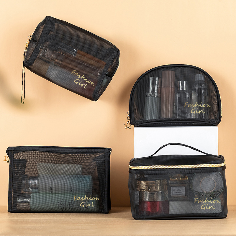 New Mesh Cosmetic Bag Travel Cosmetic Storage Bag Large Capacity Portable Transparent Mesh Toiletry Bag Set LOGO
