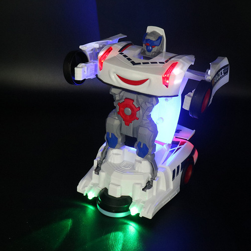 Electric police car transforming robot toy car with colorful lights and music, swivel movement car model, children's wholesale
