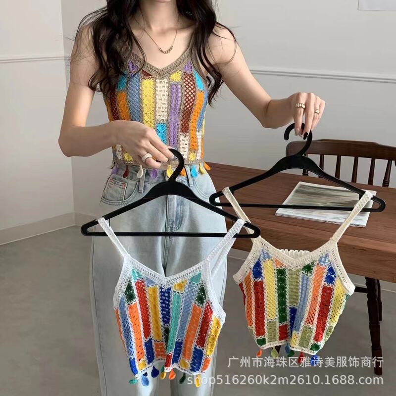 Fairy new slim V-neck short vest women's autumn hollow lace crocheted outer wear sleeveless sling top fashion
