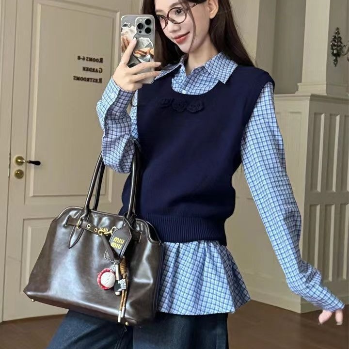 秋季韩系套装学院短款复古毛衣针织马甲背心女蓝色格子衬衫两件套