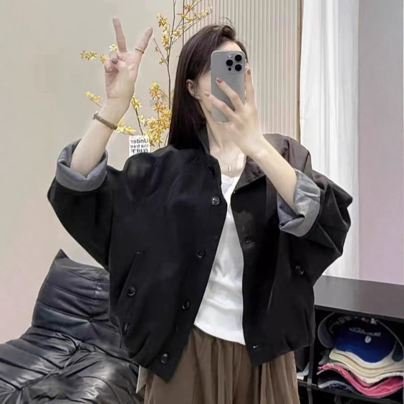 欧货英伦风立领夹克外套女2025新款宽松休闲内里条纹短款风衣上衣|undefined