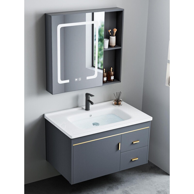 Space Aluminum Washbasin Cabinet Set with Integrated Ceramic Drawer, Bathroom Cabinet for Home Use, Washbasin Sink, Bathroom Vanity