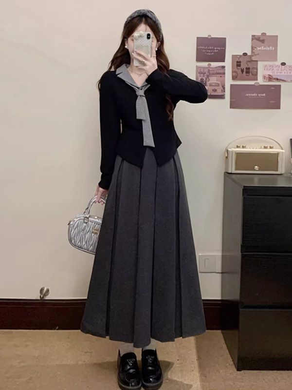韩系chic假两件长袖T恤套装女秋季高腰显瘦百褶裙设计感拼接上衣|undefined