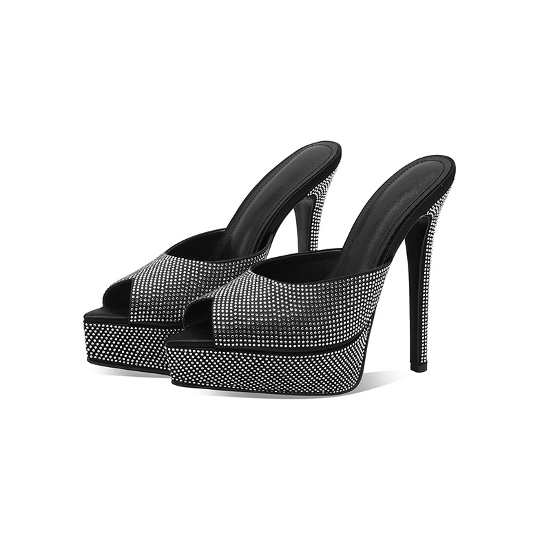 Sandal cao gót nữ hở mũi đính đá lấp lánh gót 12 cm đế platform — Bạc 12cm chi tiết 16